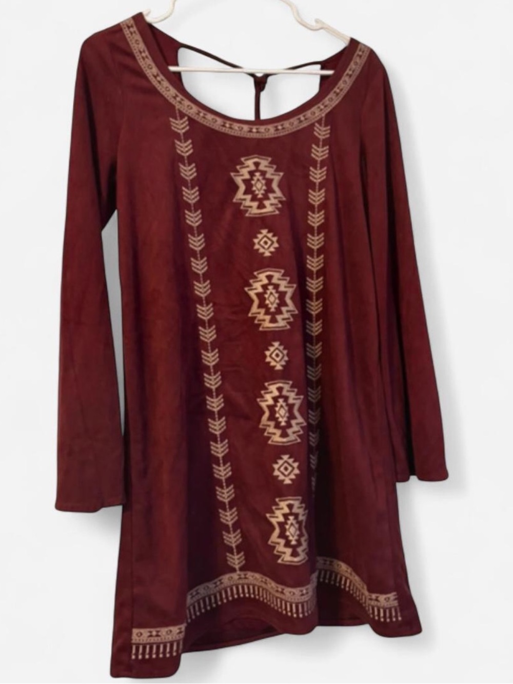 One The Land Maroon Embroidered Long-Sleeve Midi Dress